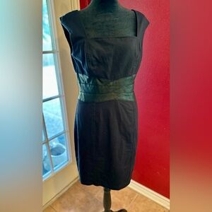 Maggy L Black Sheath Dress Faux Leather Waistband Size 8 Sleeveless Cocktail